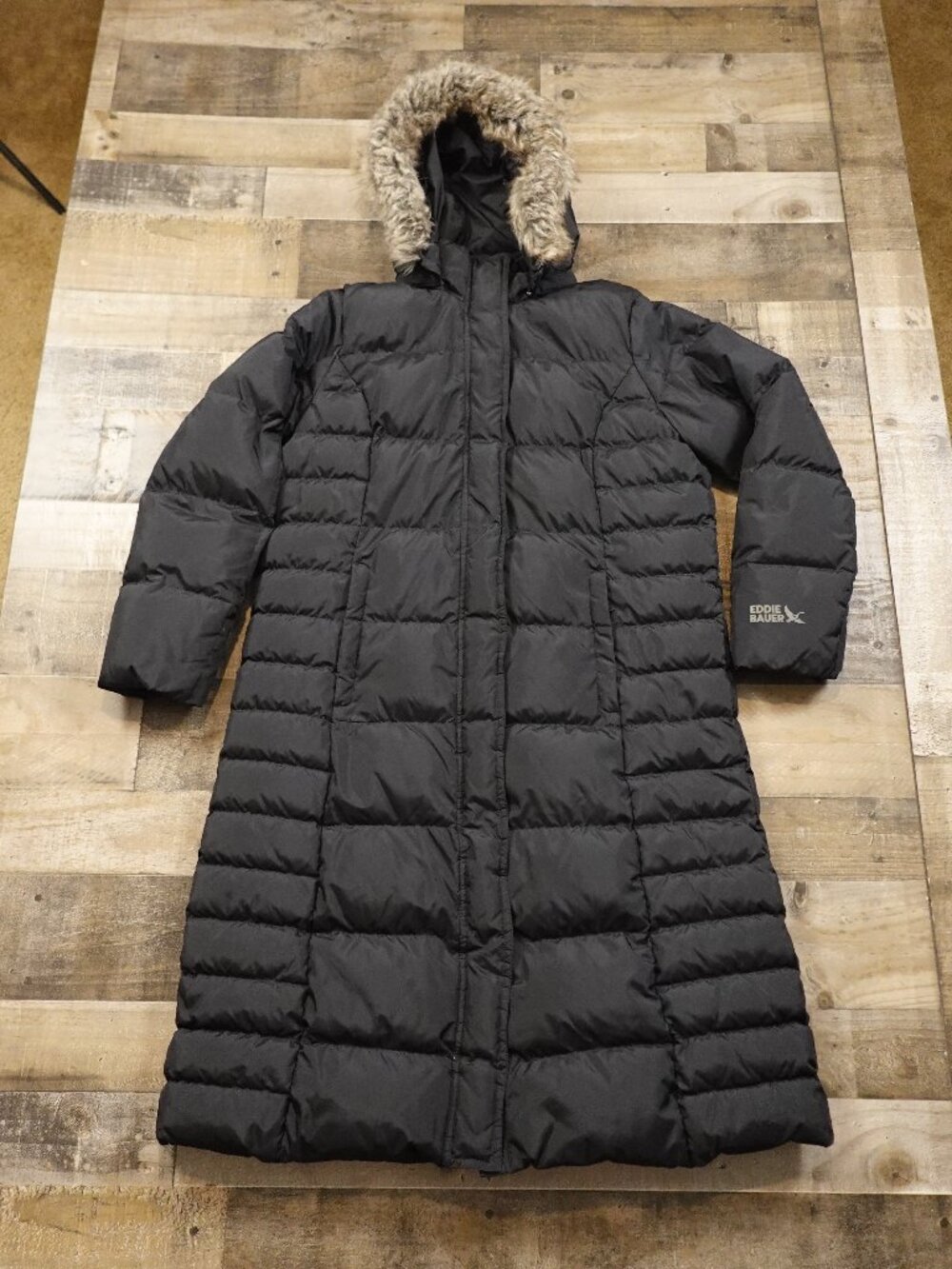 Eddie Bauer 650 Down Maxi Parka Women’s XL Black Faux Fur Hood Winter Coat